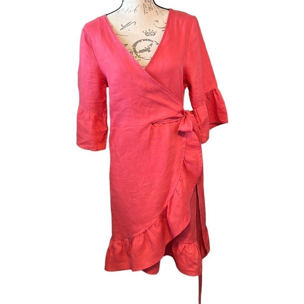 4our Dreamers Pink Ruffle Linen Wrap Chic Boho Dress M